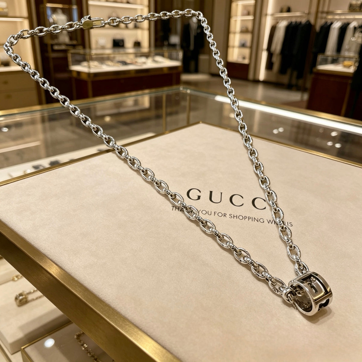 Double-G Emblem Pendant Necklace in Polished Metal-Tone – Vintage Detail – Design 042 main product view