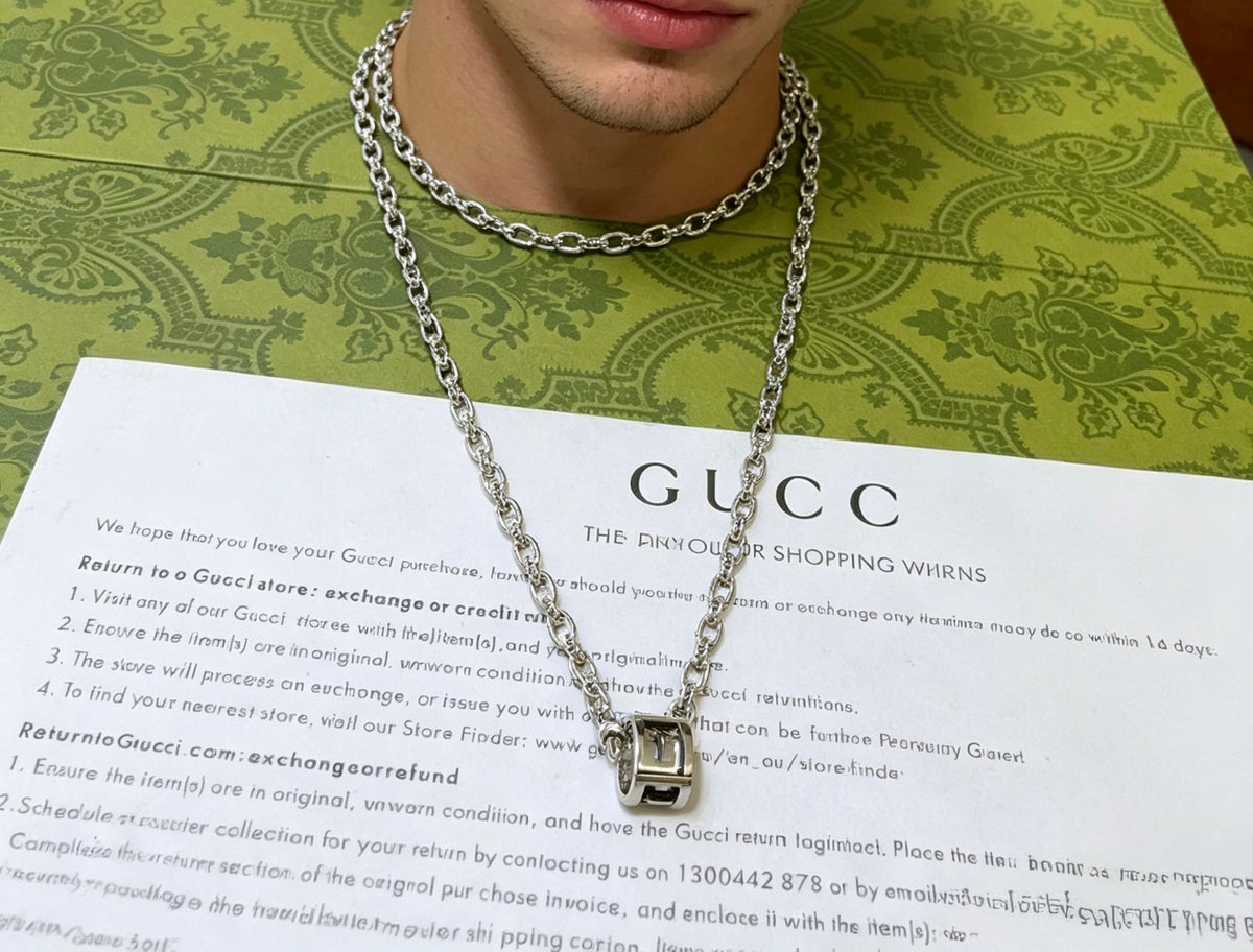 Double-G Emblem Pendant Necklace in Polished Metal-Tone – Vintage Detail – Design 042 styled product view