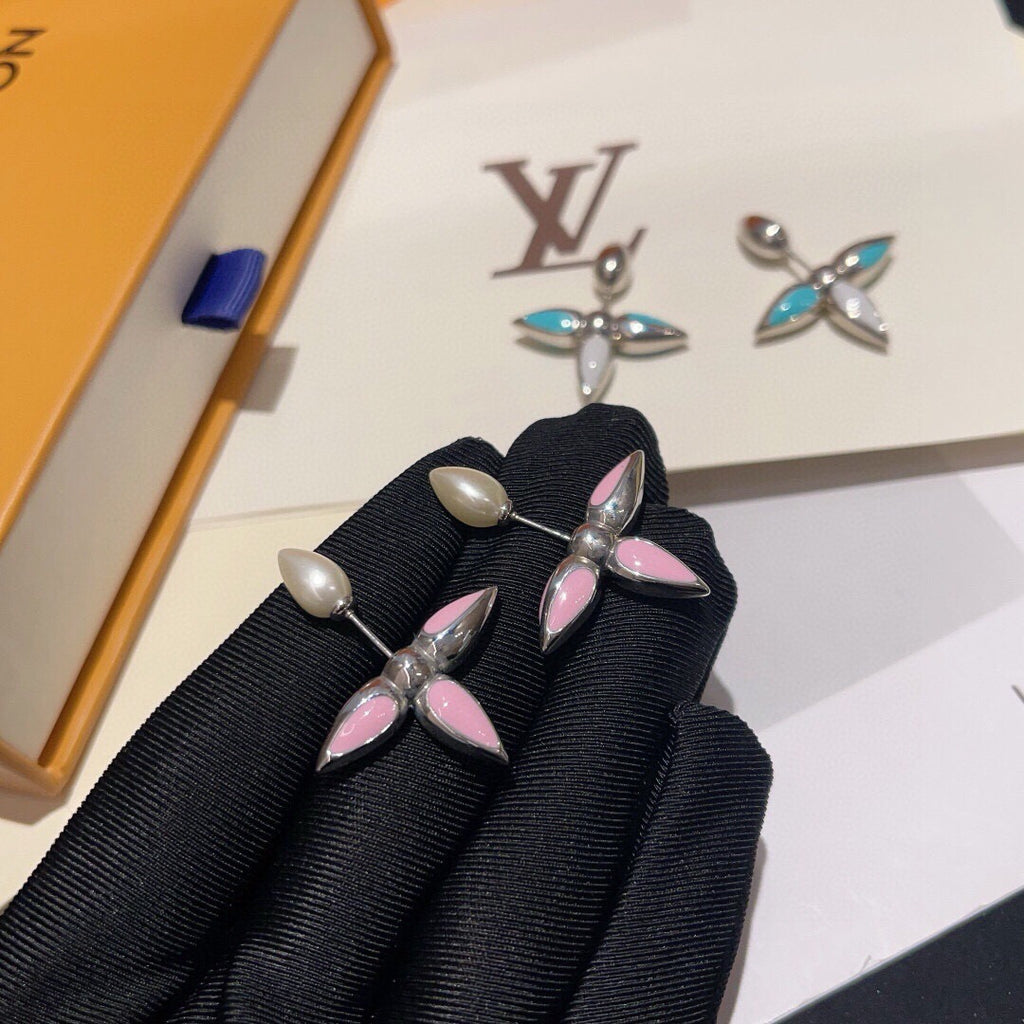 Geometric Emblem Stud Earrings in Gold-Tone – Pink Detail – Design 004 styled product view