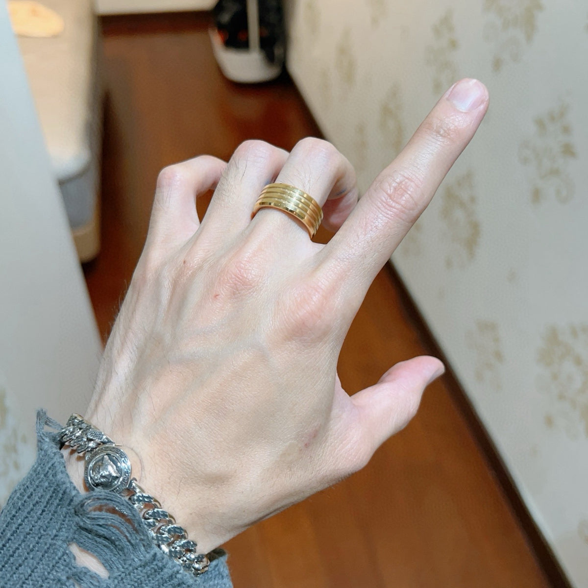 Geometric Emblem Statement Ring in Gold-Tone – Gold Detail – Design 004 detail view