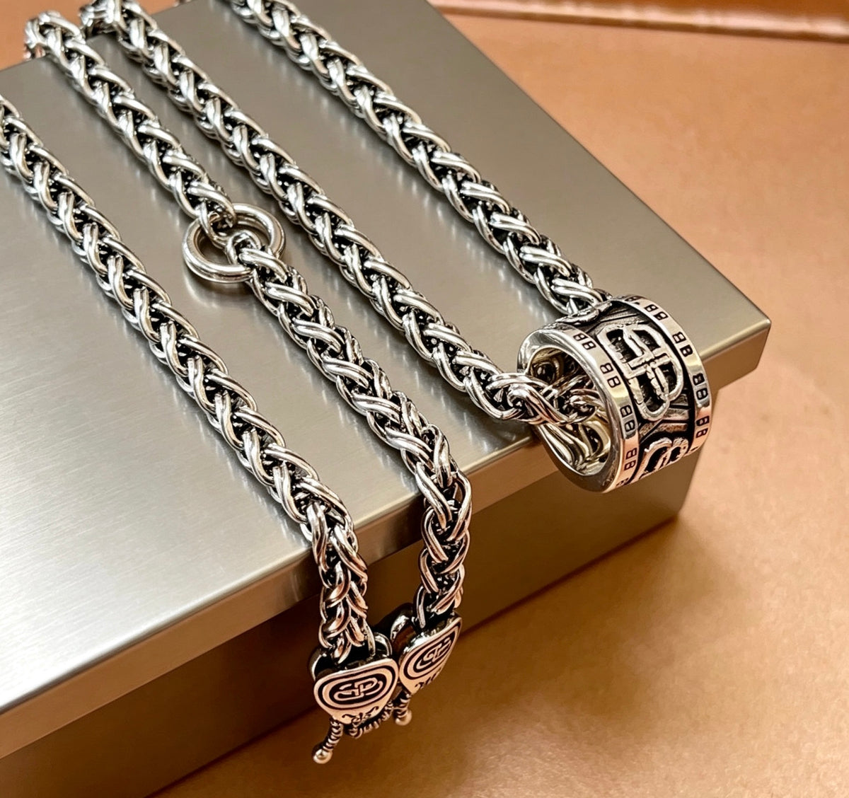 Geometric Emblem Pendant Necklace in Polished Metal-Tone – Vintage Detail – Design 056 main product view