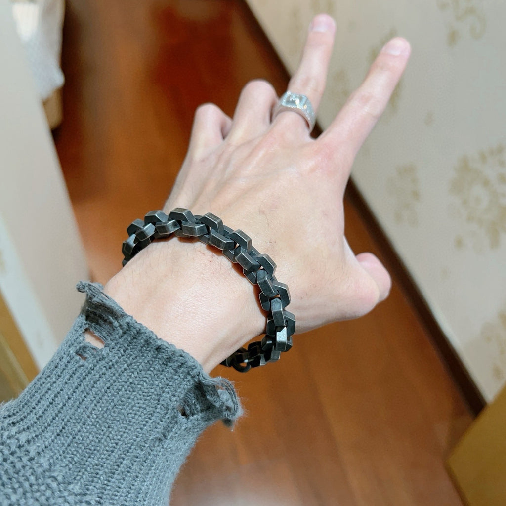Geometric Emblem Bracelet in Polished Metal-Tone – Vintage Detail – Design 005 main product view
