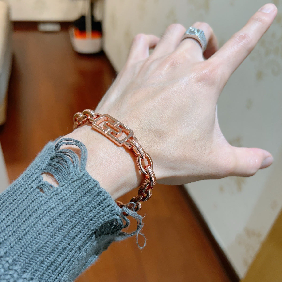 Geometric Emblem Statement Ring in Polished Metal-Tone – Design 072 detail view