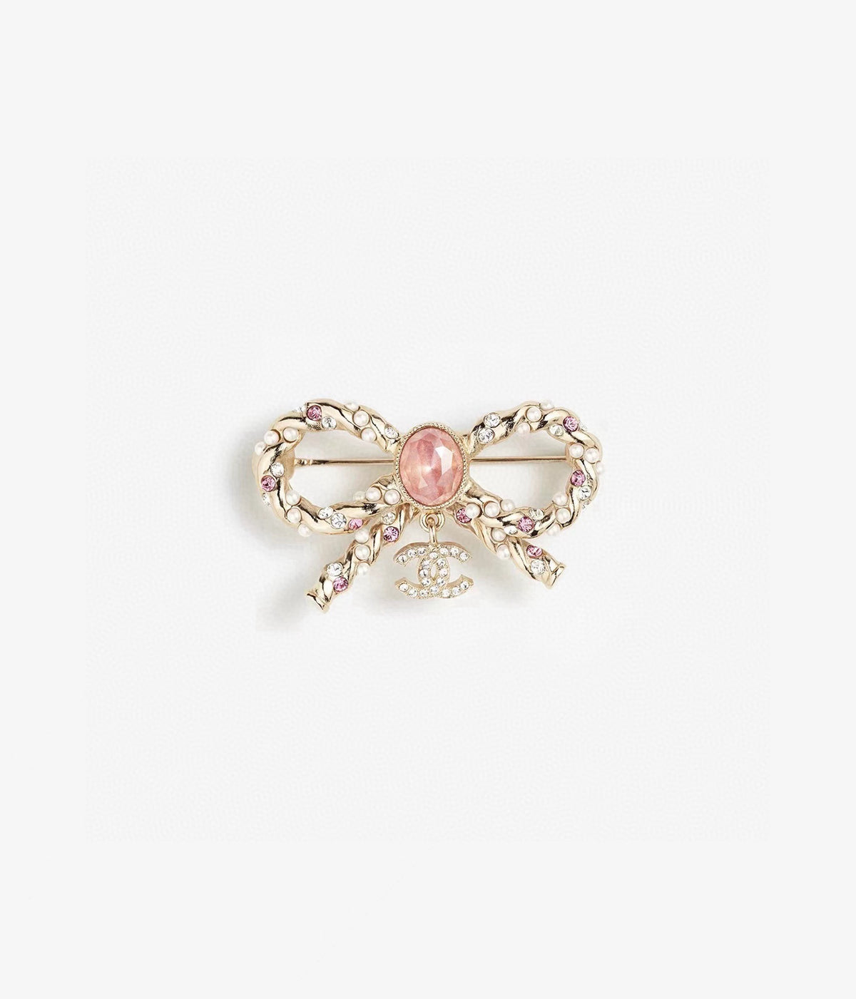 Double-C Emblem Brooch in Polished Metal-Tone – Pink Detail detail view