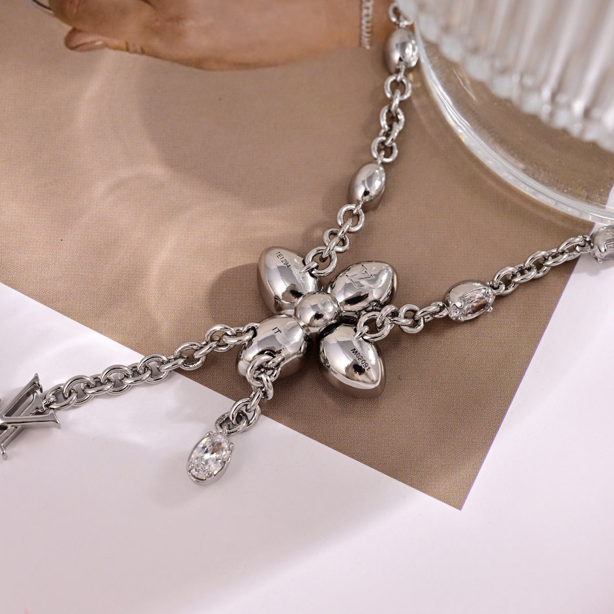 Clover Pendant Necklace in Polished Metal-Tone – Clover Detail – Design 003 front product view