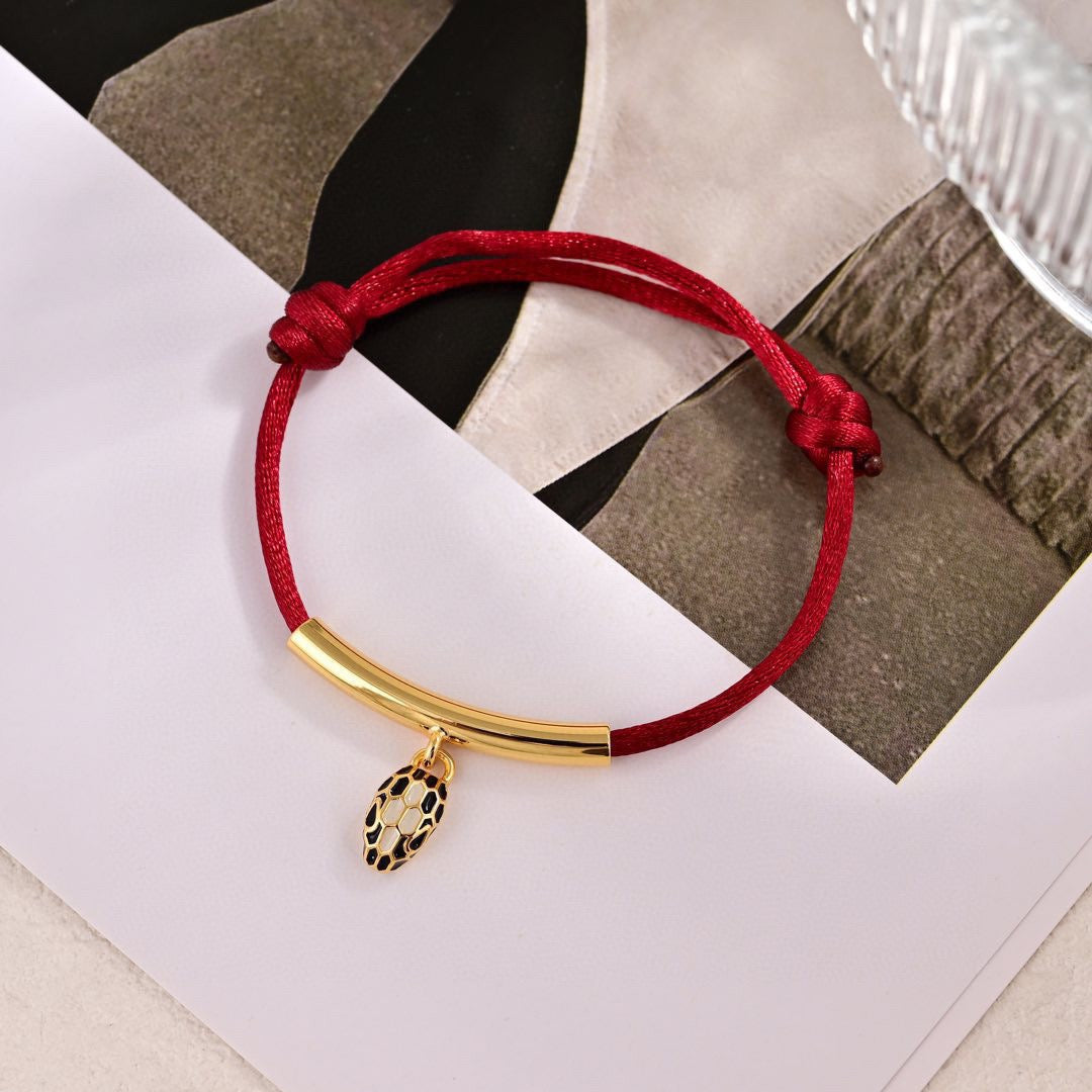Red Cord Braided Bracelet in Polished Metal-Tone – Red Cord Detail – Design 002 main product view