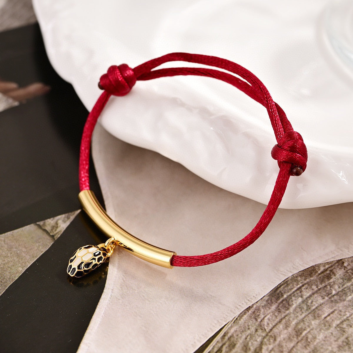 Red Cord Braided Bracelet in Polished Metal-Tone – Red Cord Detail – Design 002 front product view