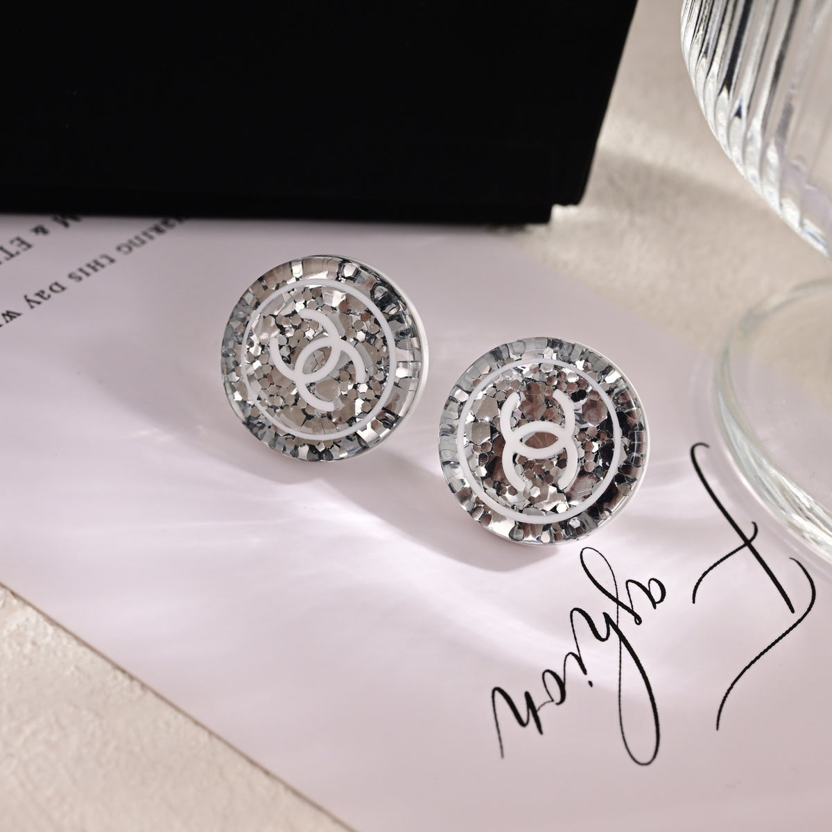 Signature Emblem Stud Earrings in Polished Metal-Tone – Design 021 close-up detail