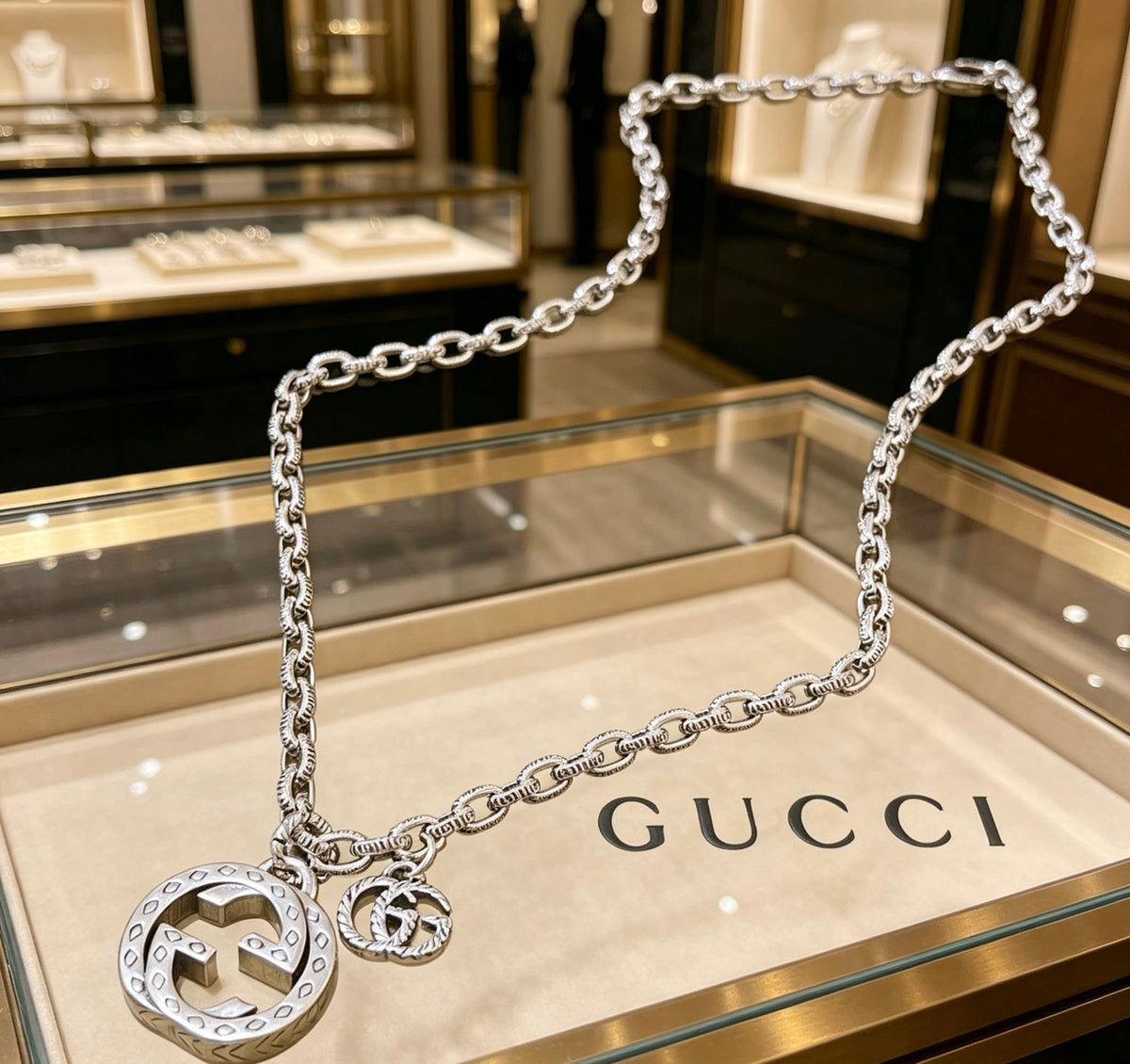 Double-G Emblem Pendant Necklace in Polished Metal-Tone – Vintage Detail – Design 011 main product view