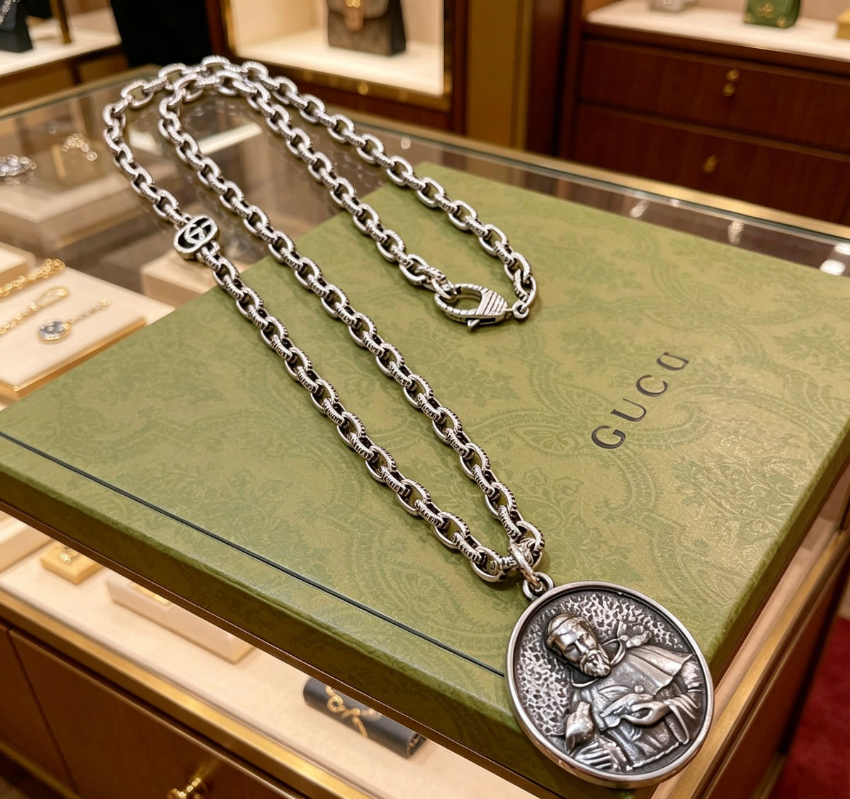 Double-G Emblem Pendant Necklace in Polished Metal-Tone – Design 028 front product view