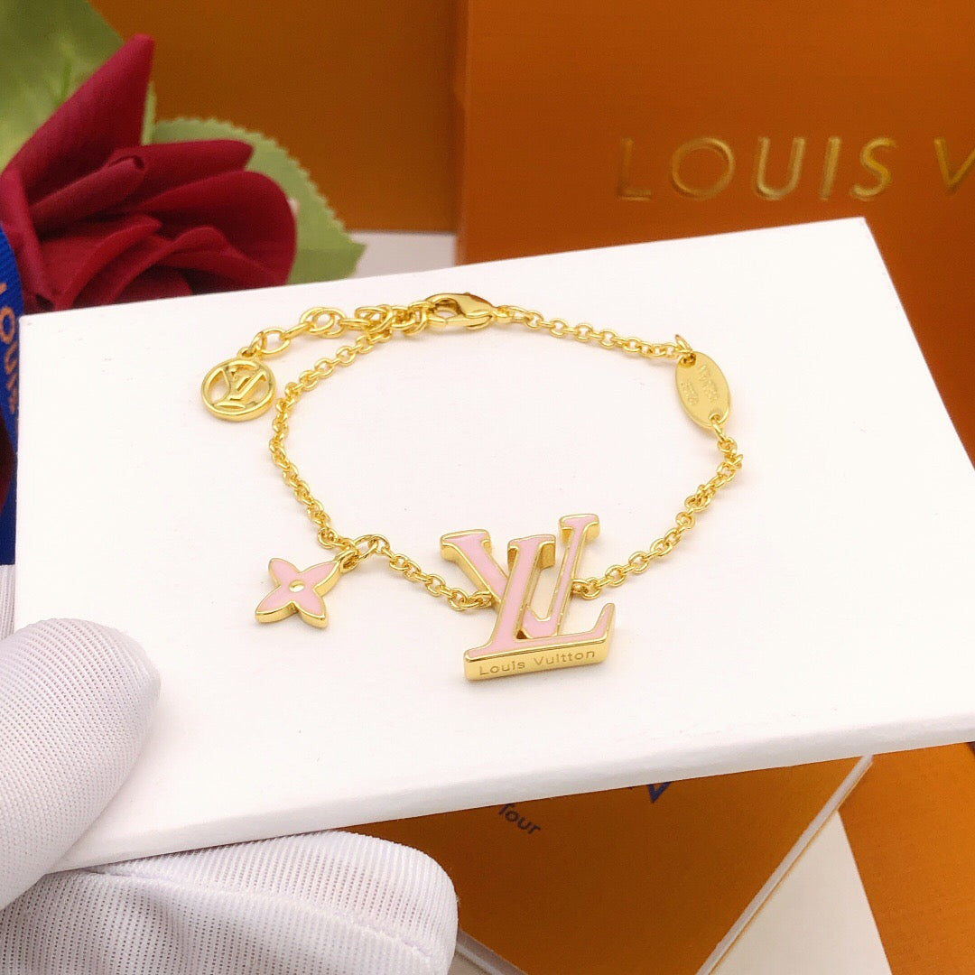 Geometric Emblem Bracelet in Gold-Tone – Pink Detail – Design 004 front product view