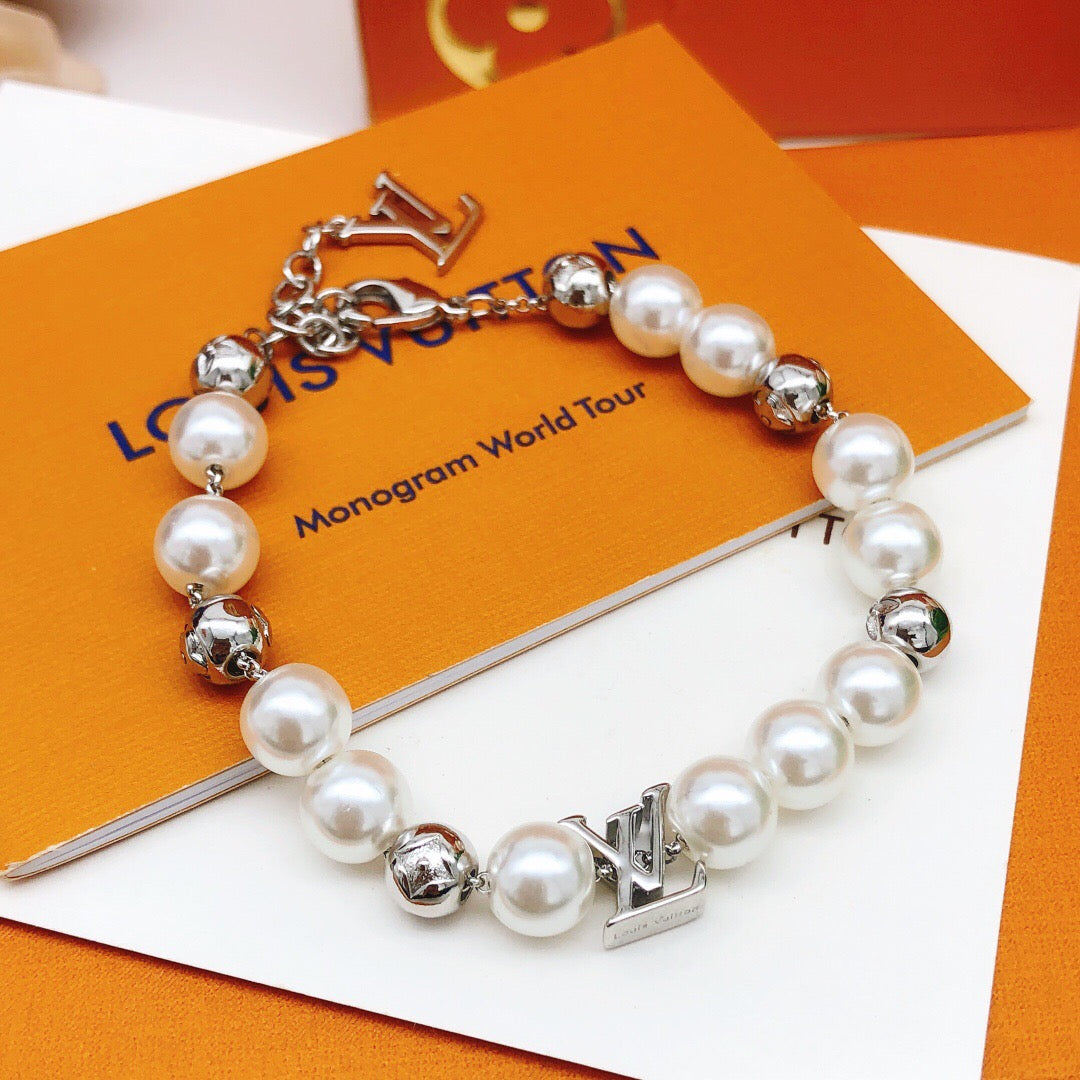 Geometric Emblem Bracelet in Gold-Tone – Pearl Detail – Design 004 front product view