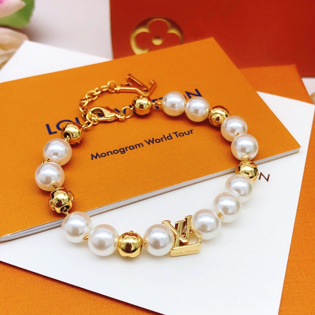 Geometric Emblem Bracelet in Gold-Tone – Pearl Detail – Design 005 front product view