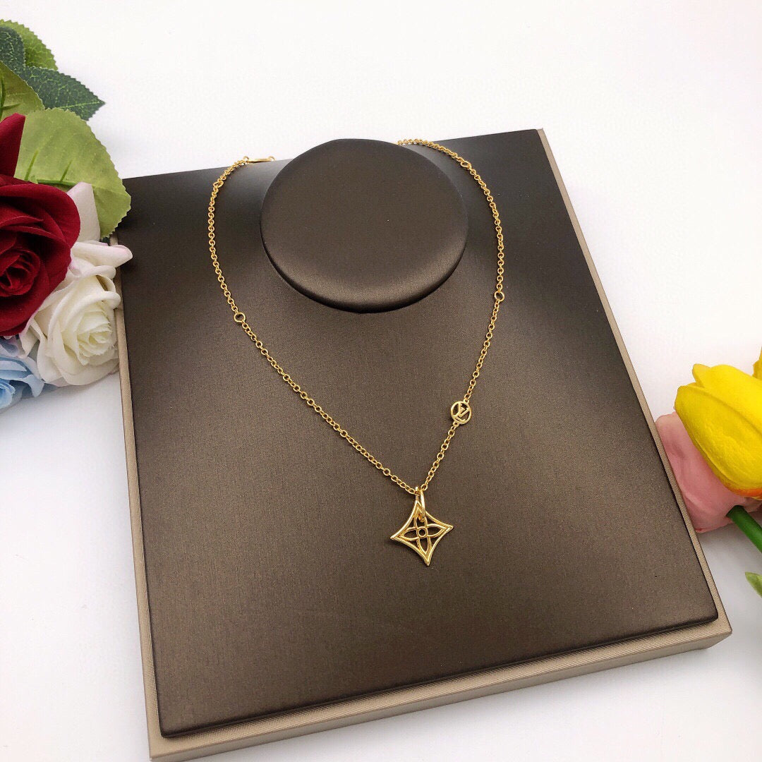 Geometric Emblem Pendant Necklace in Gold-Tone – Design 040 front product view