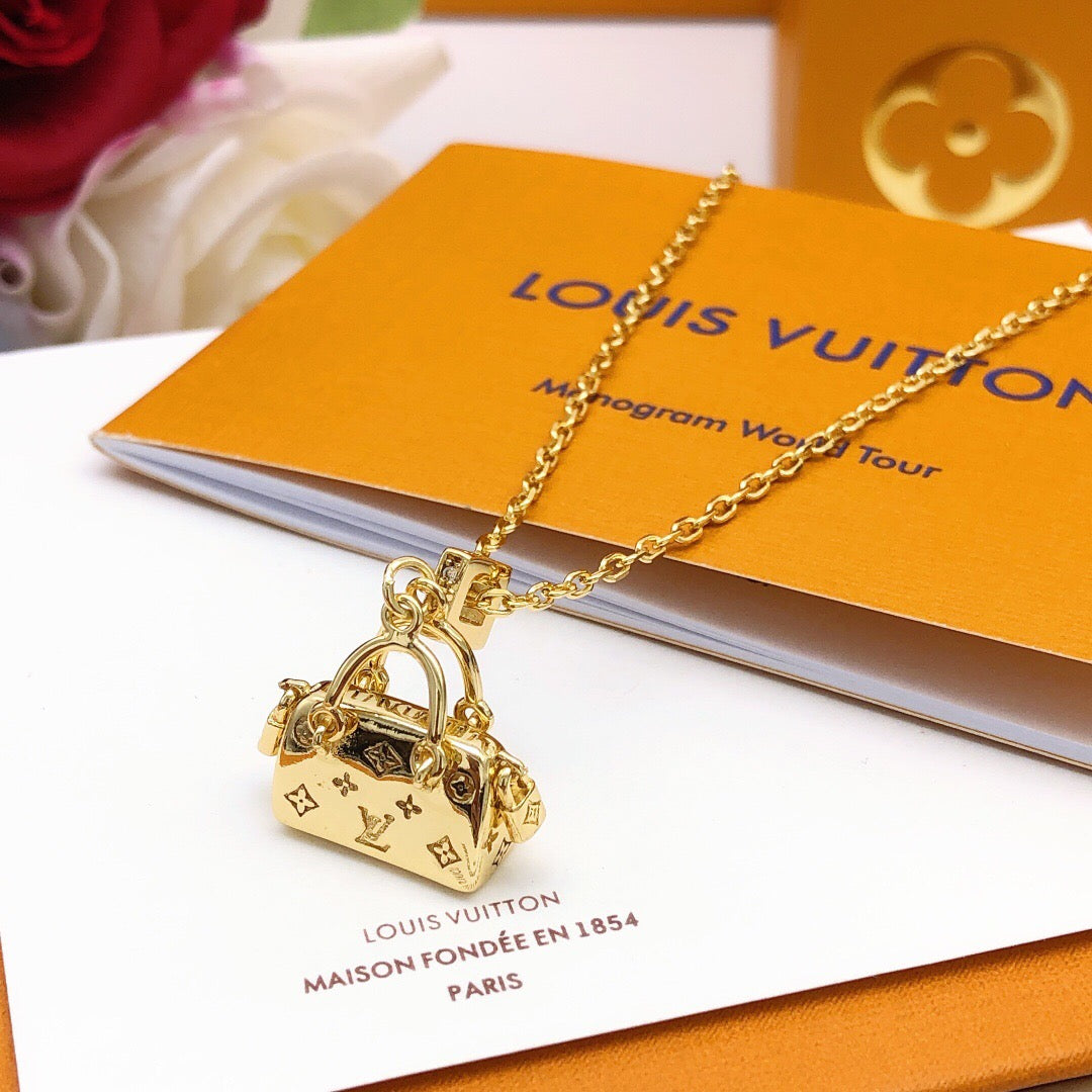 Bag Motif Pendant Necklace in Polished Metal-Tone – Bag Detail – Design 002 side detail