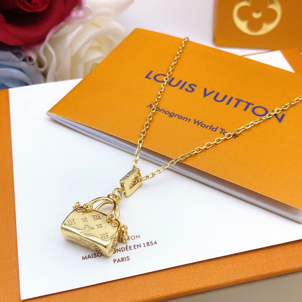 Bag Motif Pendant Necklace in Polished Metal-Tone – Bag Detail front product view