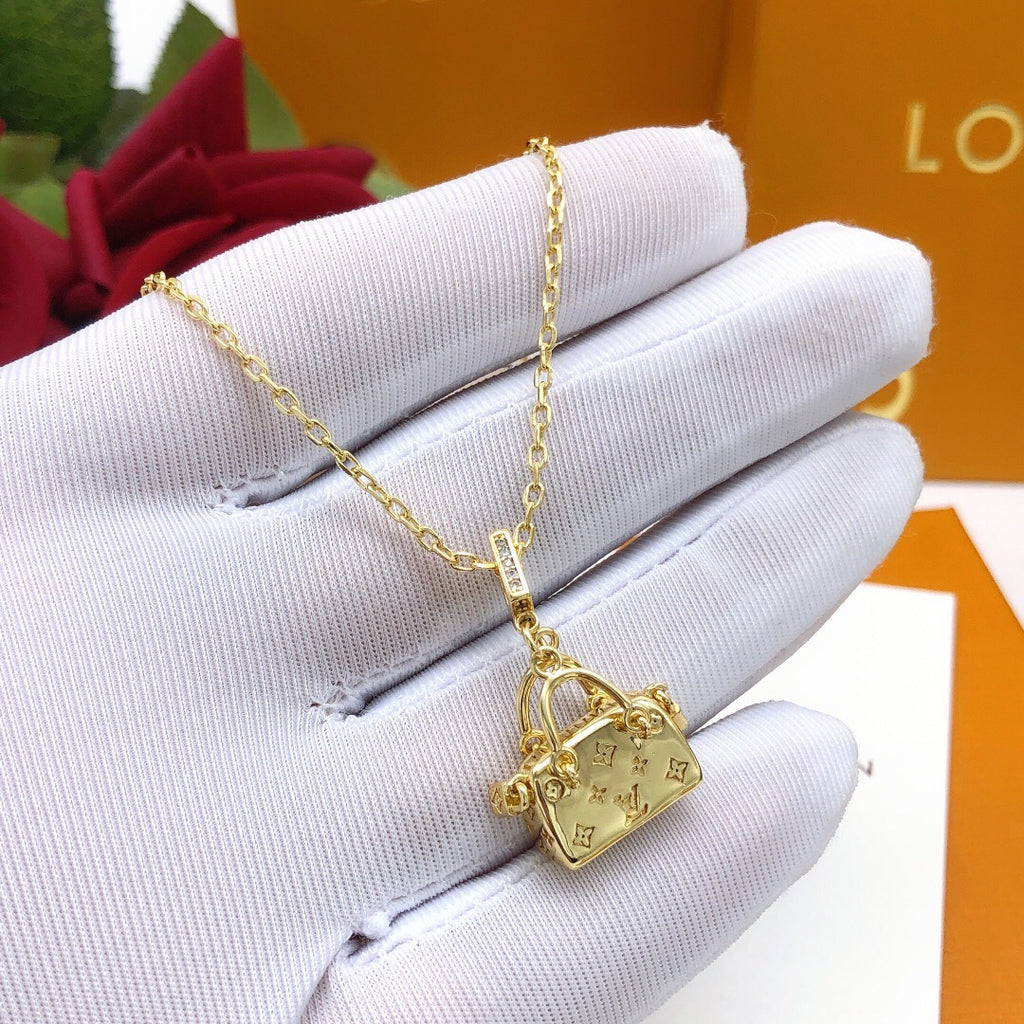 Bag Motif Pendant Necklace in Polished Metal-Tone – Bag Detail – Design 002 styled product view