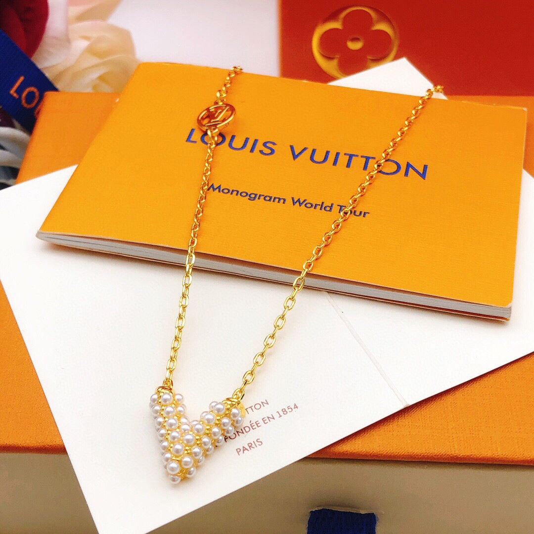 Geometric Emblem Pendant Necklace in Gold-Tone – Pearl Detail – Design 002 close-up detail