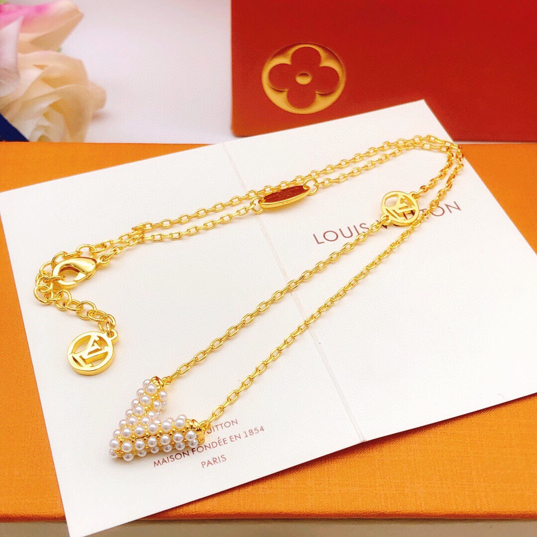 Geometric Emblem Pendant Necklace in Gold-Tone – Pearl Detail – Design 002 main product view