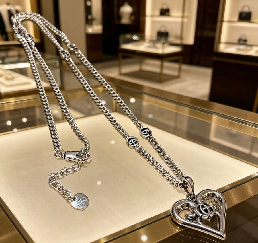 Double-G Emblem Pendant Necklace in Polished Metal-Tone – Design 046 main product view