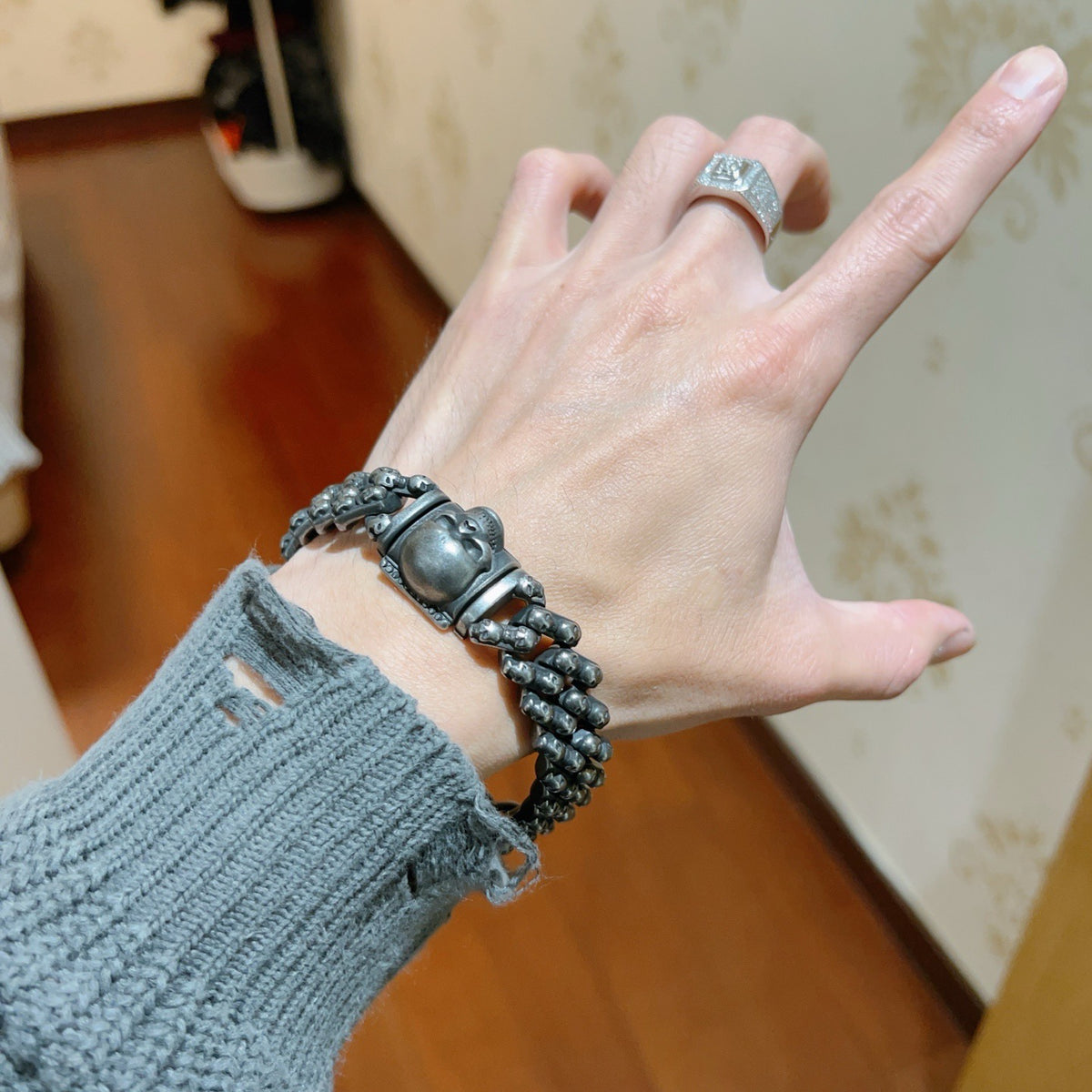 Geometric Emblem Bracelet in Polished Metal-Tone – Vintage Detail – Design 002 detail view