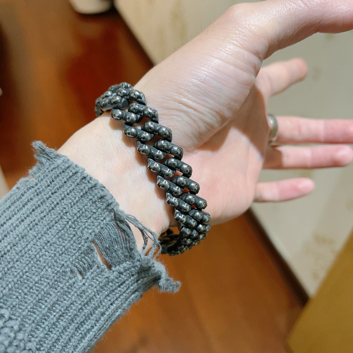 Geometric Emblem Bracelet in Polished Metal-Tone – Vintage Detail side detail