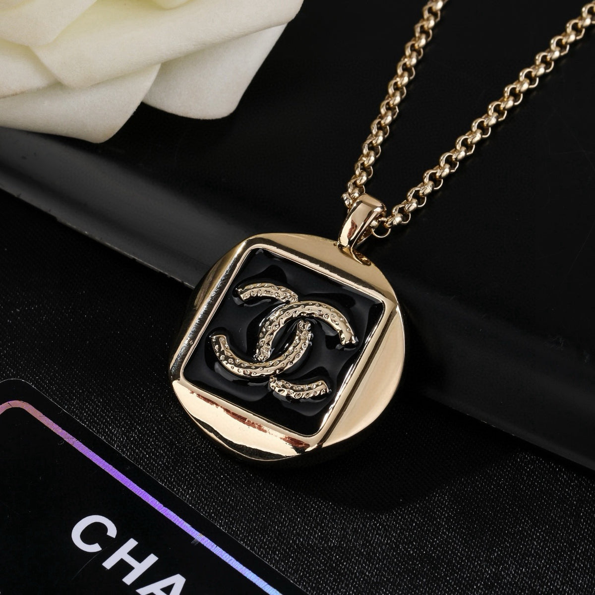 Signature Emblem Pendant Necklace in Polished Metal-Tone – Design 035 styled product view