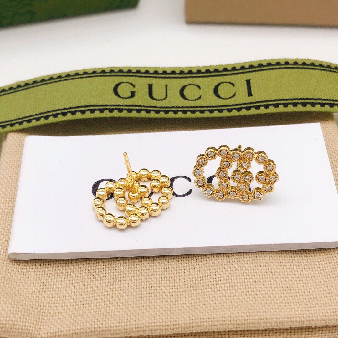 Double-G Emblem Stud Earrings in Polished Metal-Tone – Vintage Detail – Design 006 front product view