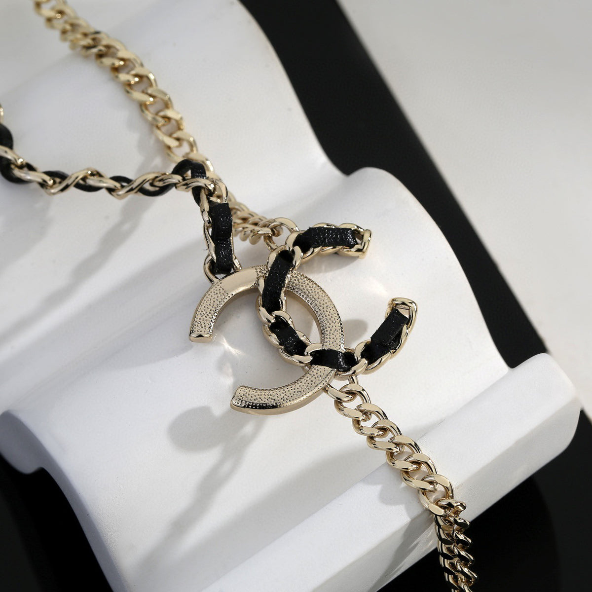 Signature Emblem Pendant Necklace in Gold-Tone – Black Detail – Design 010 close-up detail