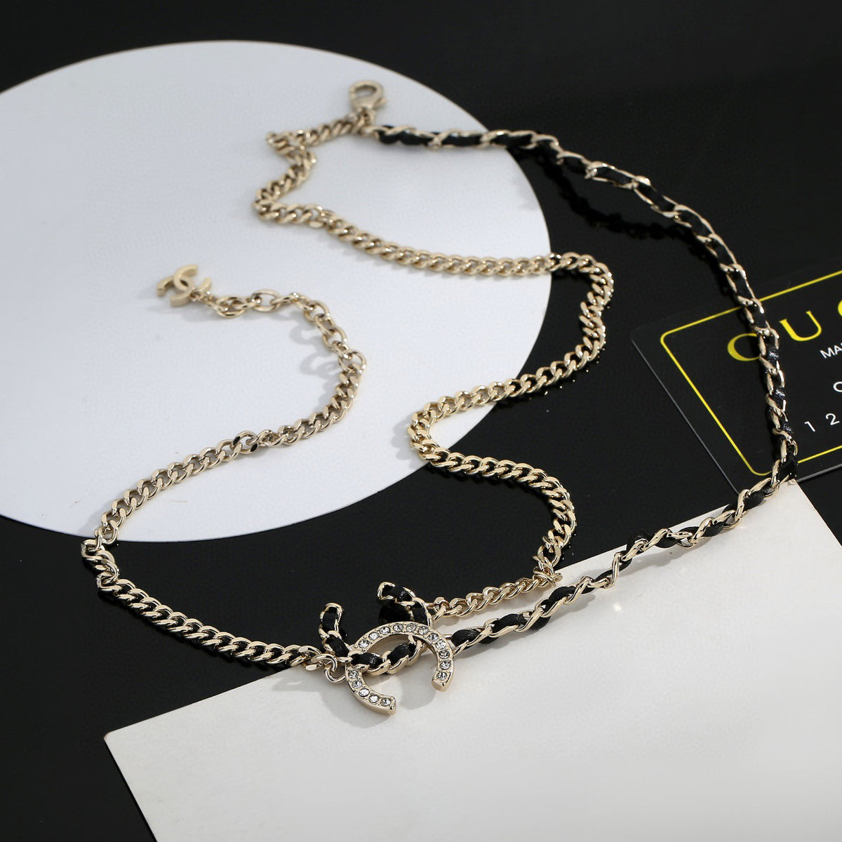 Signature Emblem Pendant Necklace in Gold-Tone – Black Detail – Design 010 front product view