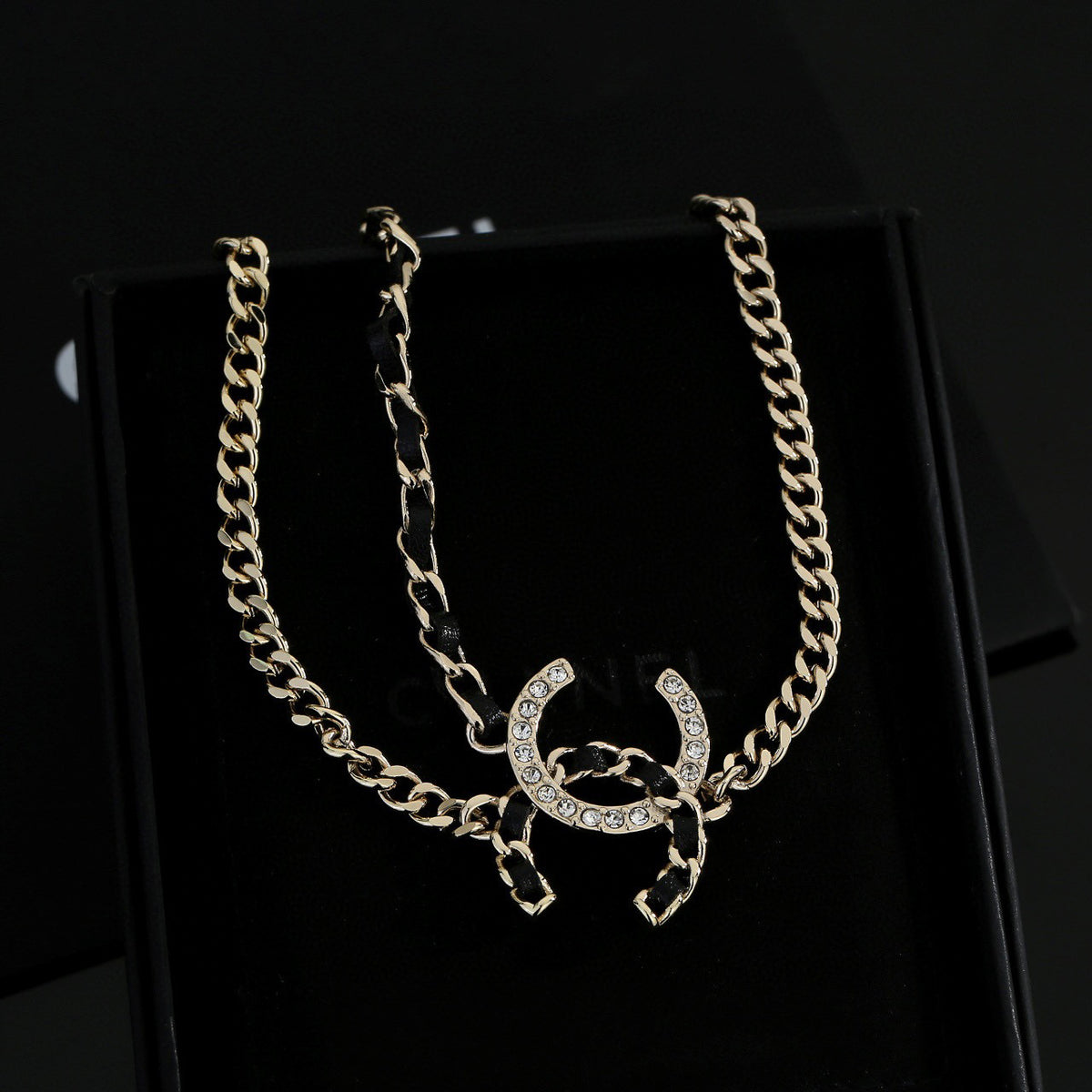 Signature Emblem Pendant Necklace in Gold-Tone – Black Detail – Design 010 styled product view