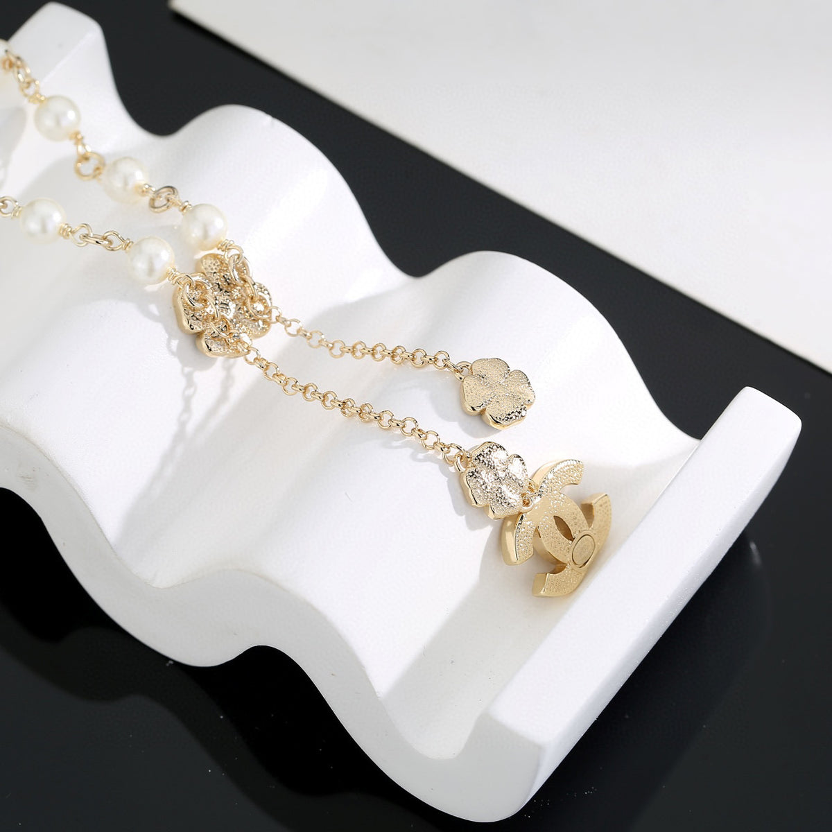 Double-C Emblem Pearl-Detail Pendant Necklace – Pearl Detail – Design 025 detail view