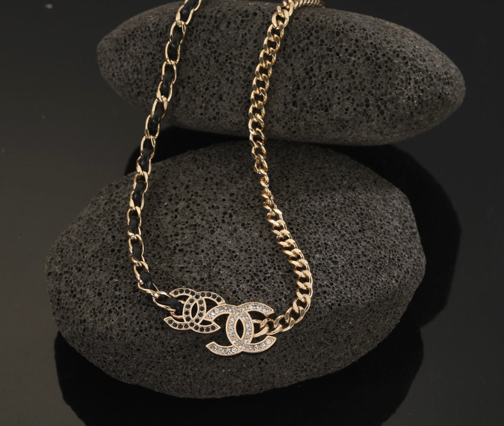 Signature Emblem Pendant Necklace in Gold-Tone – Black Detail – Design 007 main product view