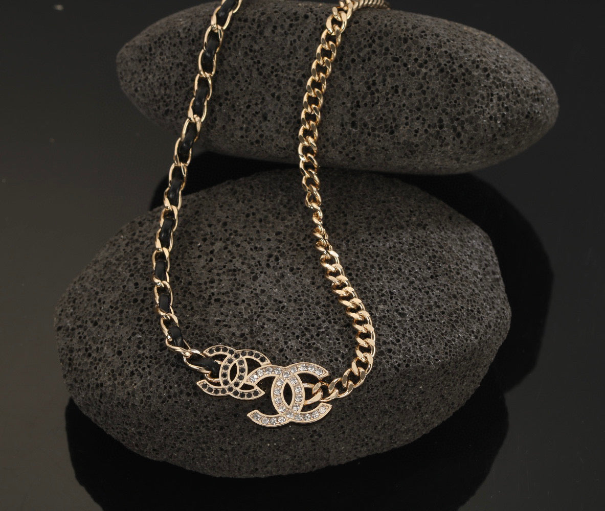 Signature Emblem Pendant Necklace in Gold-Tone – Black Detail – Design 009 main product view