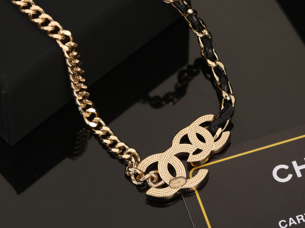 Signature Emblem Pendant Necklace in Gold-Tone – Black Detail – Design 007 front product view