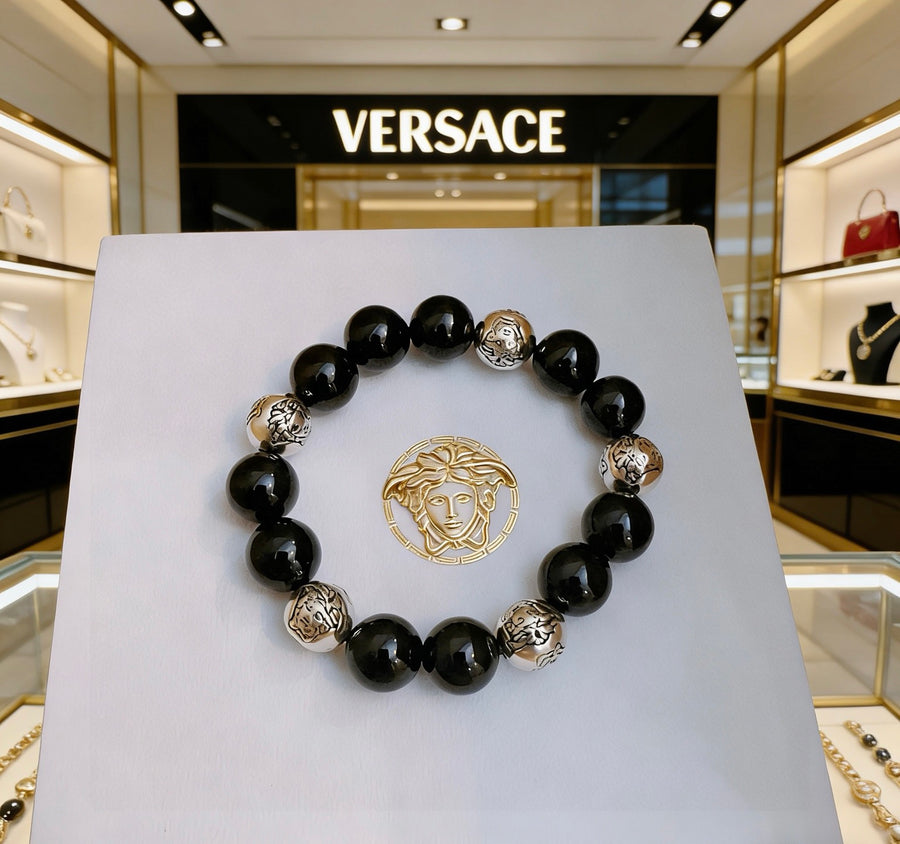 Medusa Head Beaded Bracelet with Agate-Style Beads – Rock-Inspired main product view
