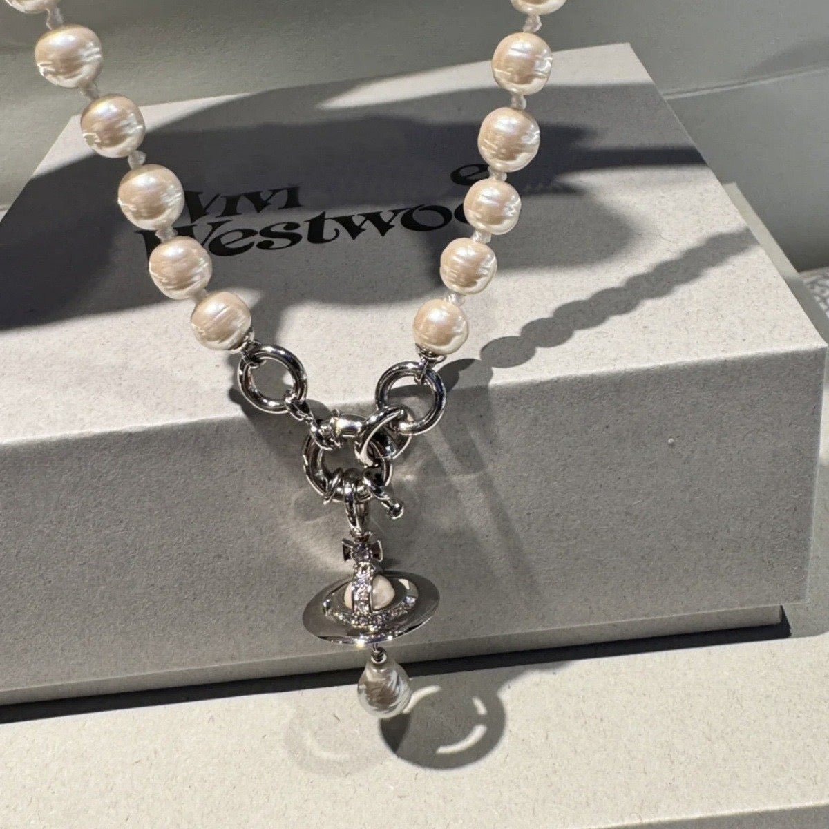 Orb Pendant Necklace in Polished Metal-Tone – Pearl Detail – Design 015 styled product view