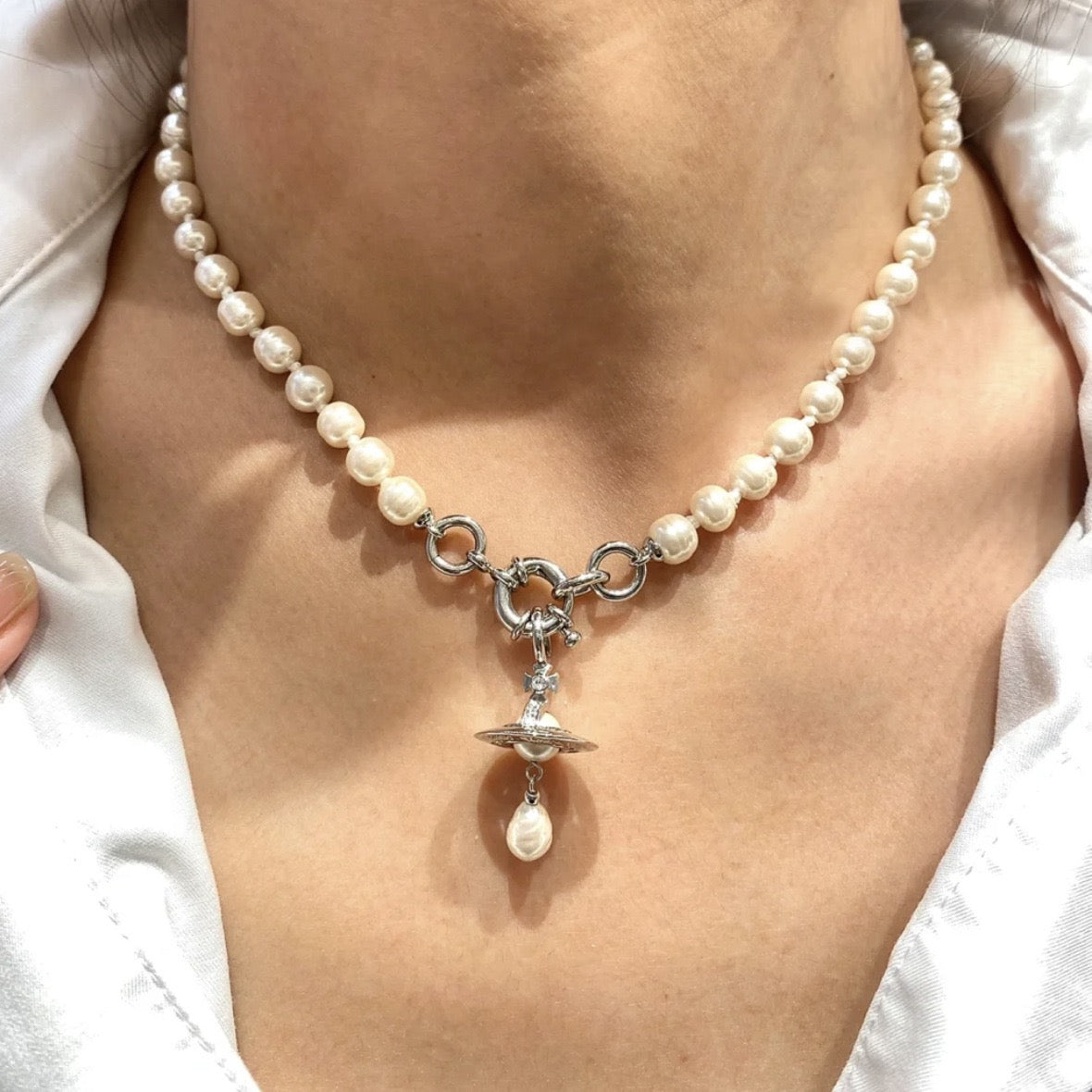Orb Pendant Necklace in Polished Metal-Tone – Pearl Detail – Design 015 front product view