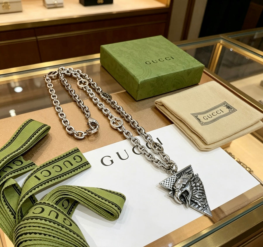 Double-G Emblem Pendant Necklace in Polished Metal-Tone – Vintage Detail – Design 014 main product view