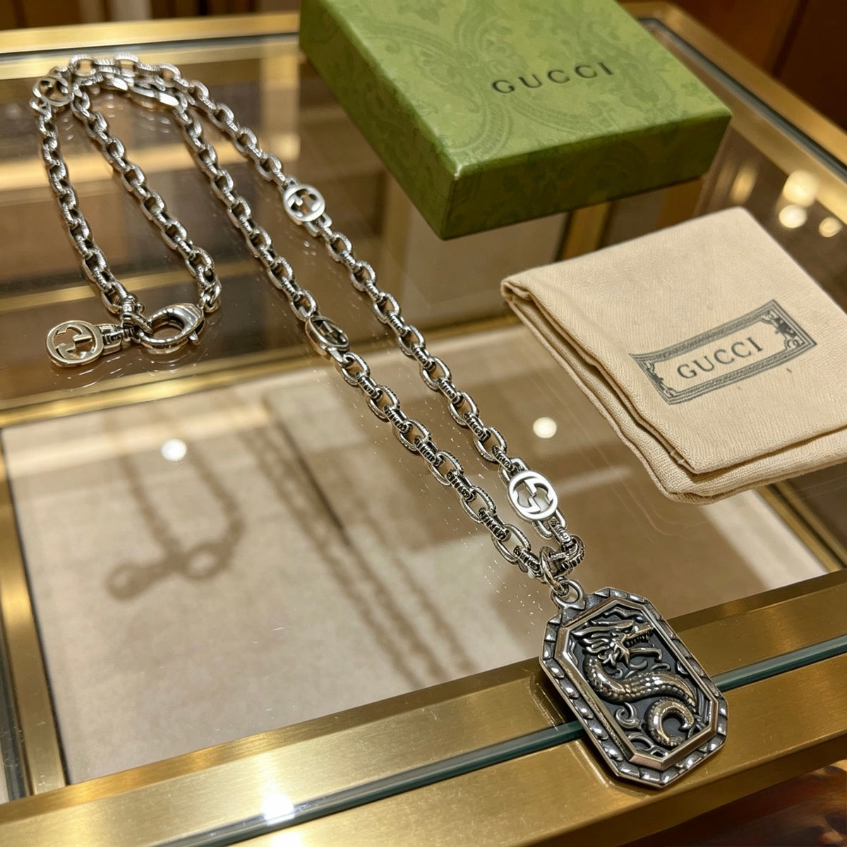 Double-G Emblem Pendant Necklace in Polished Metal-Tone – Design 056 main product view