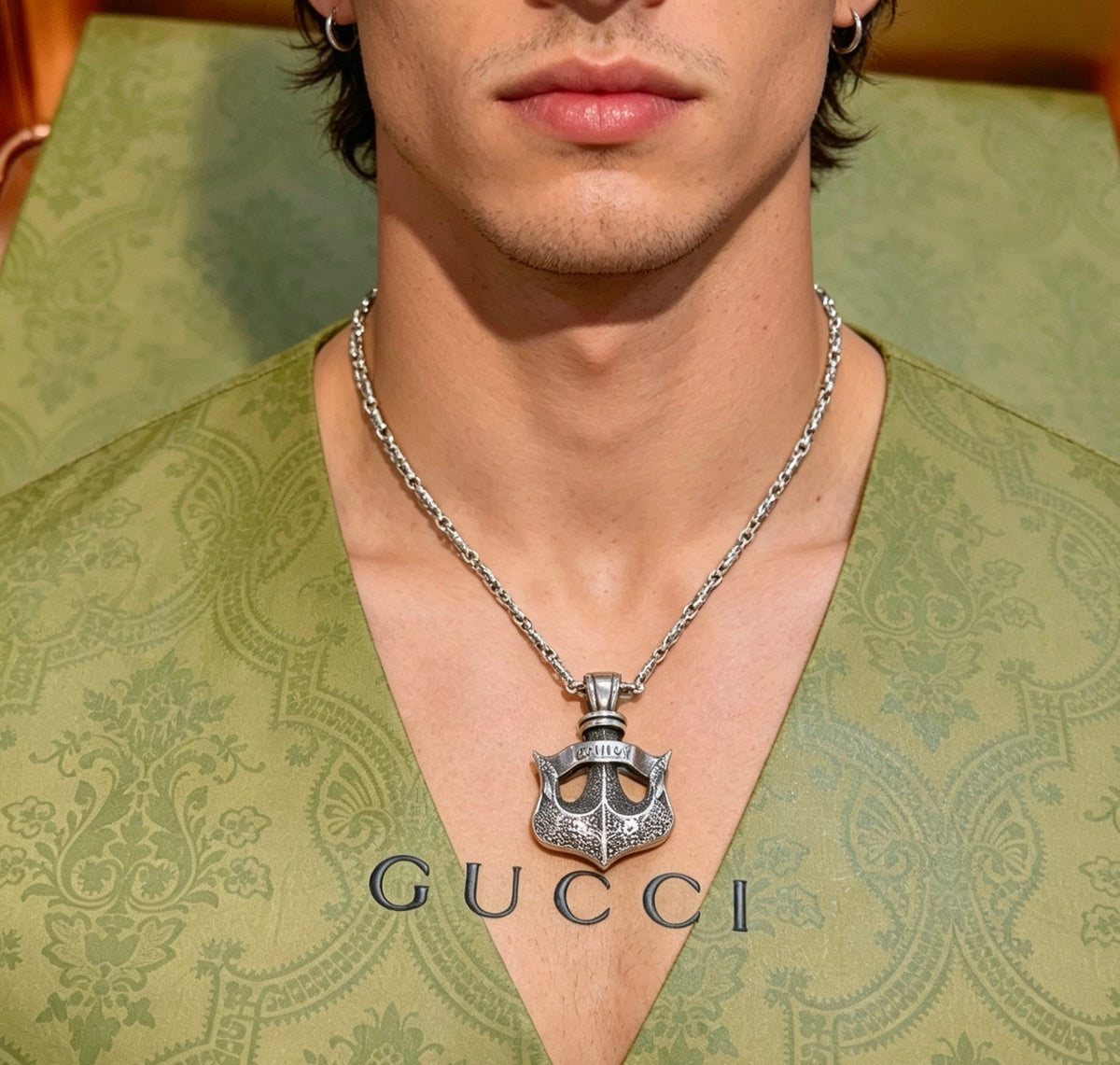 Double-G Emblem Pendant Necklace in Polished Metal-Tone – Design 072 styled product view