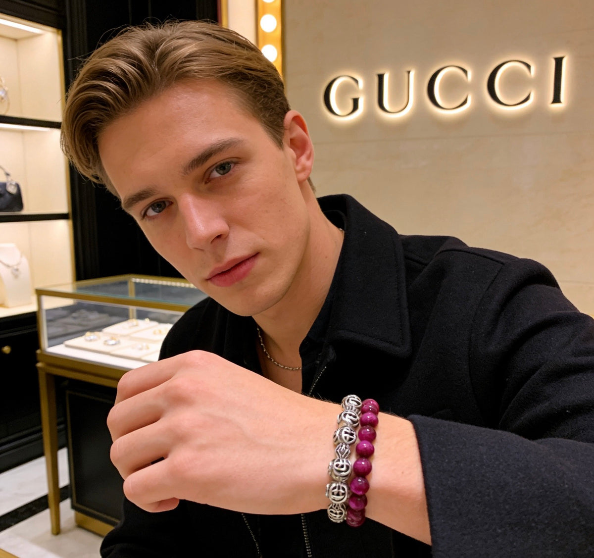 Double-G Emblem Beaded Bracelet in Polished Metal-Tone – Crystal Detail – Design 008 front product view