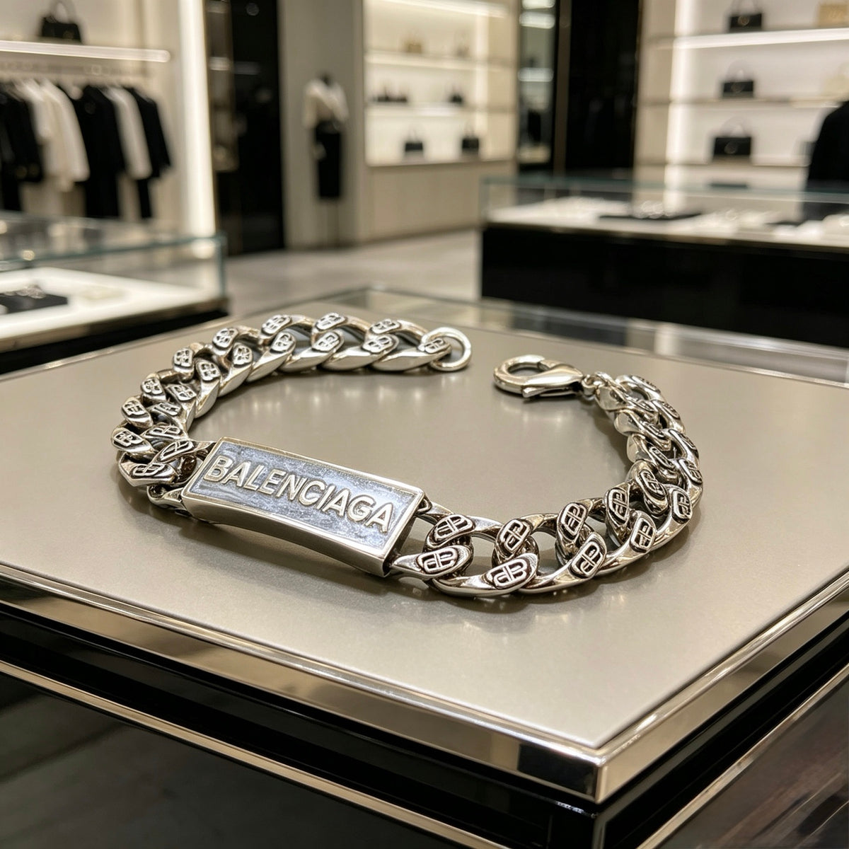 Geometric Emblem Bracelet in Polished Metal-Tone – Design 032 front product view