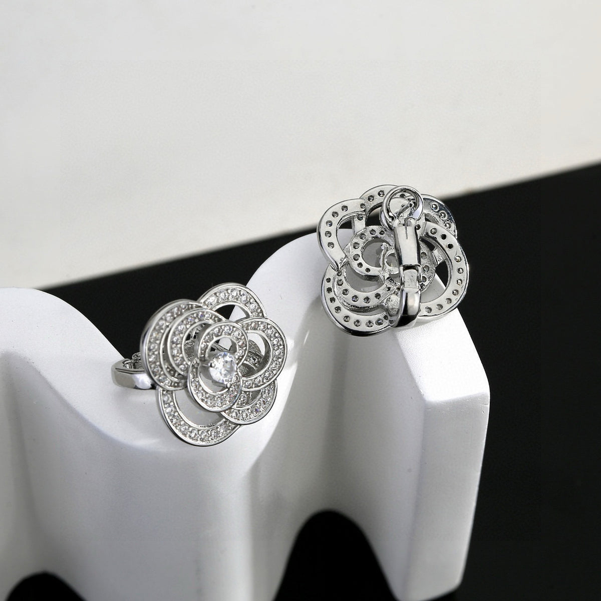 Camellia Stud Earrings in Gold-Tone – Camellia Detail – Design 002 side detail