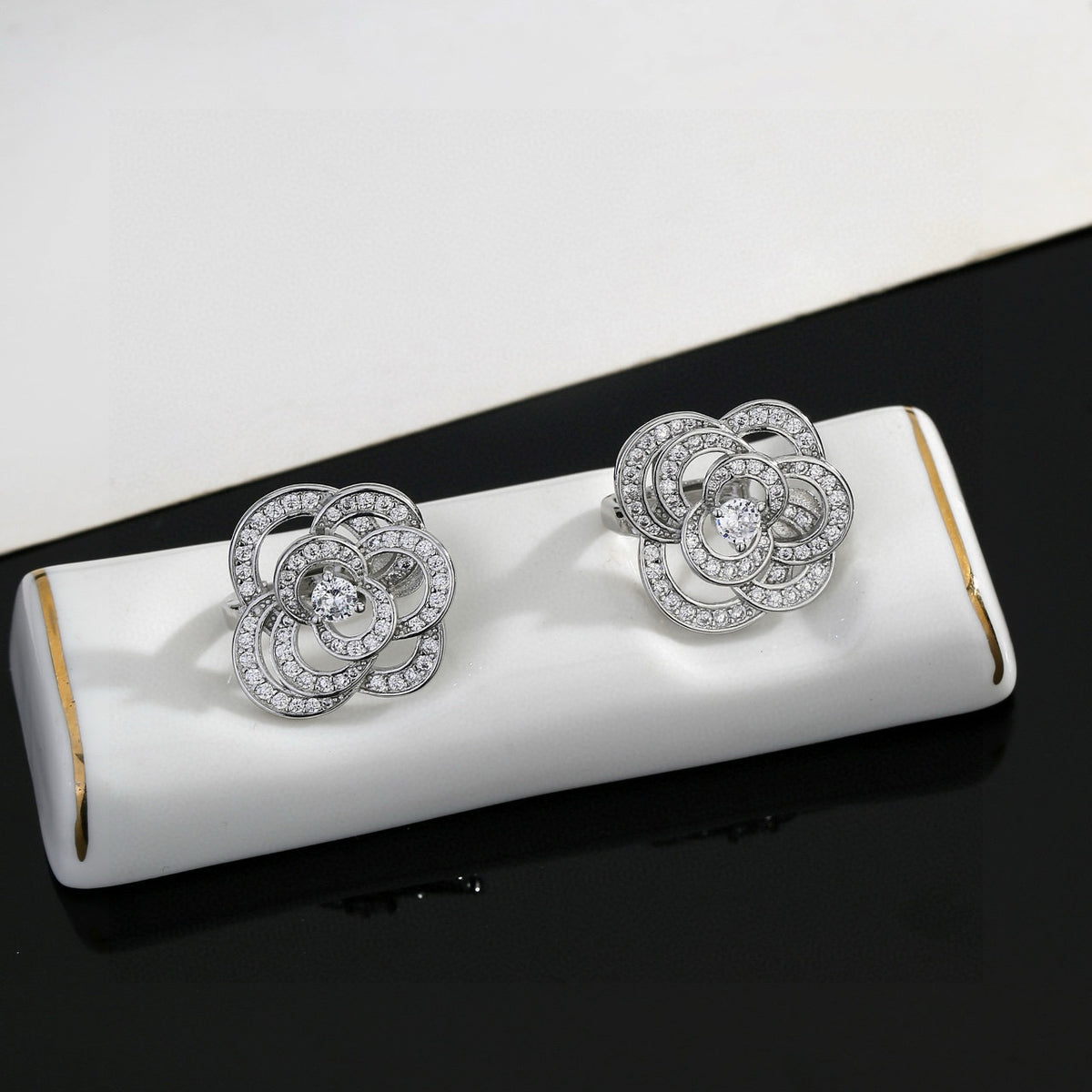 Camellia Stud Earrings in Gold-Tone – Camellia Detail – Design 002 front product view