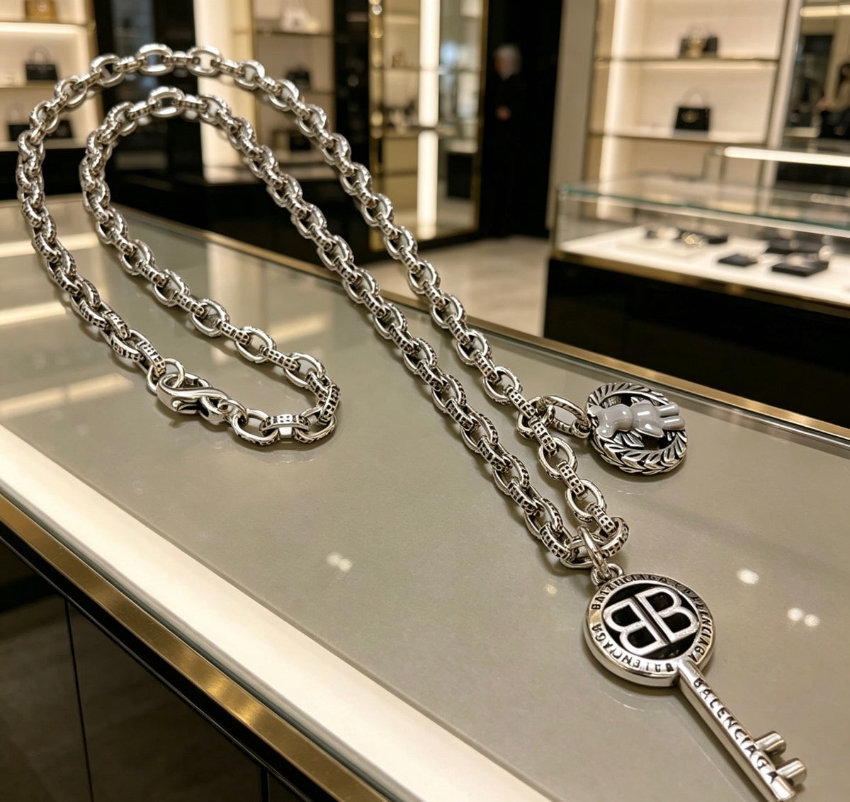 Geometric Emblem Pendant Necklace in Polished Metal-Tone – Vintage Detail – Design 041 main product view