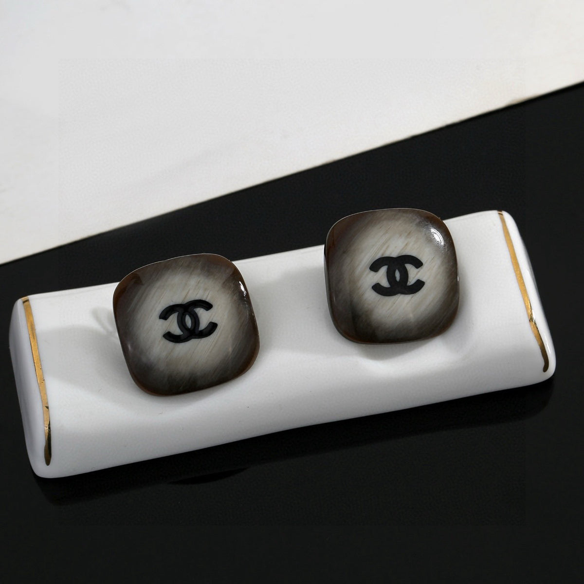 Signature Emblem Stud Earrings in Polished Metal-Tone – Design 014 detail view