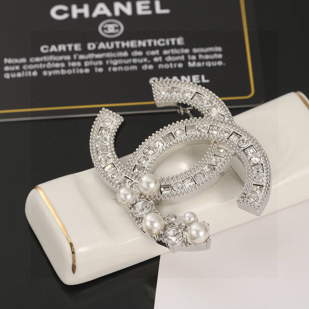 Double-C Emblem Brooch in Polished Metal-Tone – Pearl Detail – Design 004 front product view