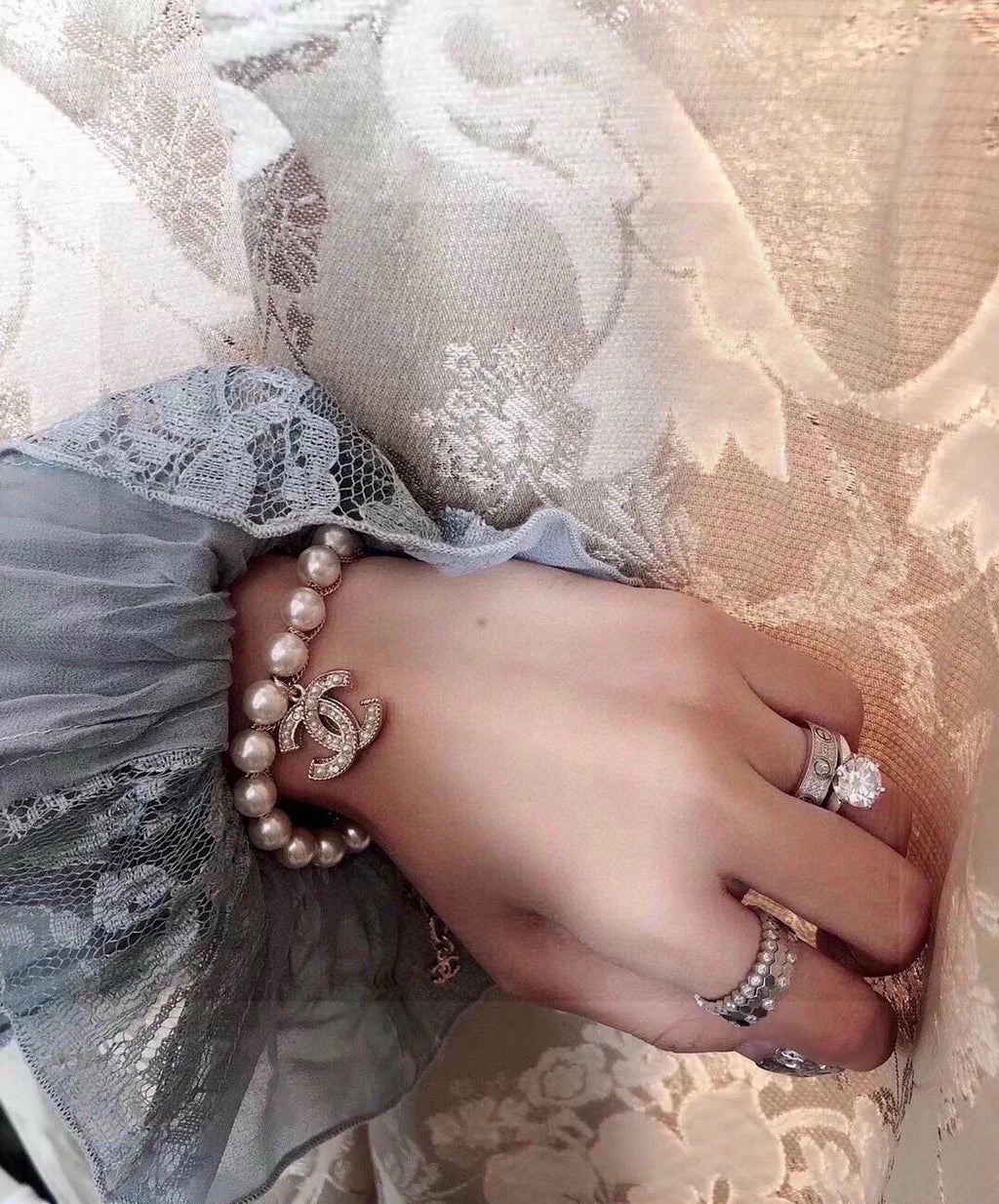 Double-C Emblem Bracelet in Polished Metal-Tone – Pearl Detail – Design 002 detail view