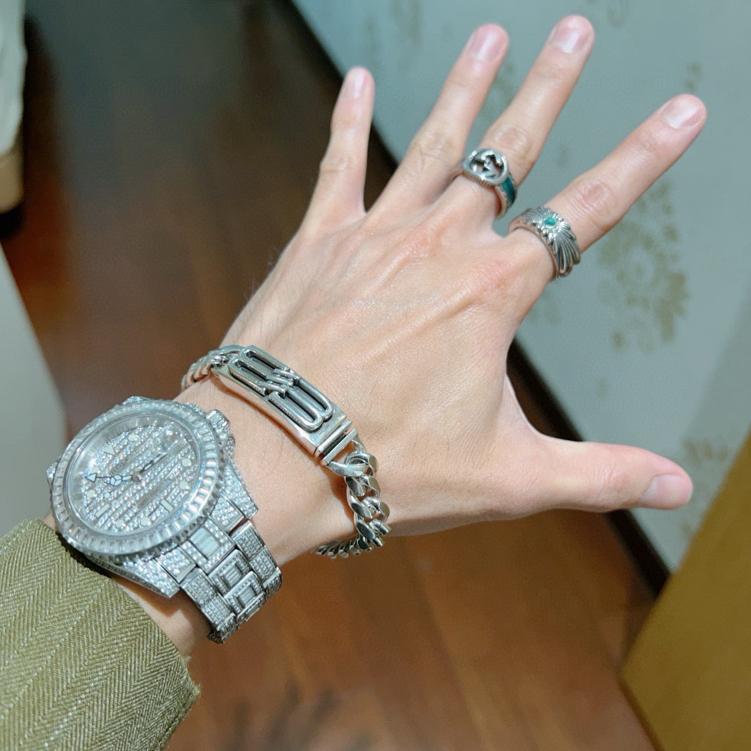 Geometric Emblem Bracelet in Polished Metal-Tone – Design 019 detail view
